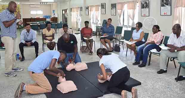 Instructor Erwin Enmore oversees participants carrying out a CPR Assimilation