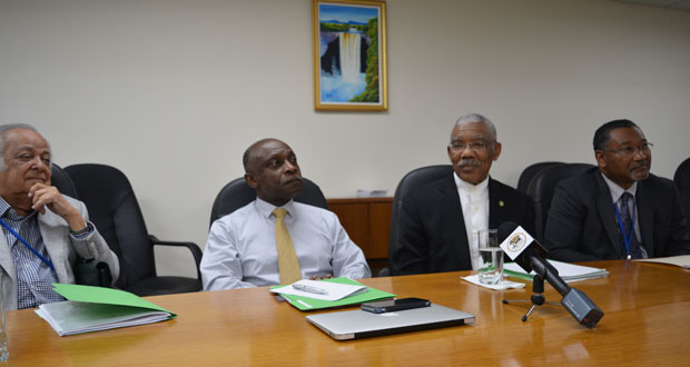 From left to right are: Sir Shridath Ramphal; Foreign Affairs Minister Carl Greenidge; President David Granger; and Guyana's Permanent Representative to the UN, Michael Ten-Pow, at the media briefing at the Guyana Mission in New York on Monday (Ariana Gordon photo)