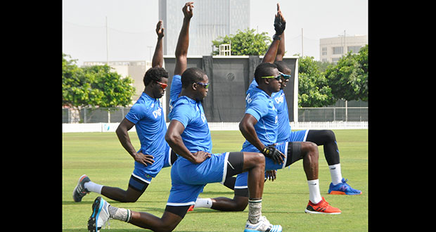 West Indies players Chadwick Walton, Jerome Taylor, Rovman Powell and Carlos Brathwaite during training at the ICC Academy yesterday. (WICB Media Photo/PhilipSpooner)