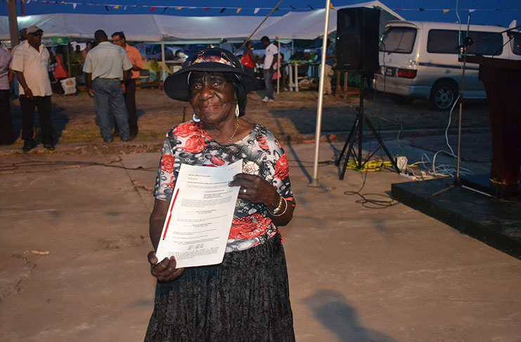 90-year-old Alice Elfrida Solomon was given a 50-year lease by the Mahaica/Mahaicony/Abary Agriculture Development Authority