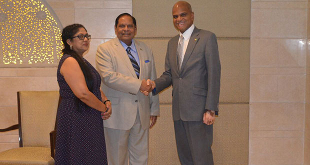 Guyana's new High Commissioner to India, Dr. David Pollard (right), welcomes Prime Minister Moses Nagamootoo and Mrs. Sita Nagamootoo. The PM is in India as the chief guest of the third World Tamils Economic Conference. (Office of the Prime Minister photo)