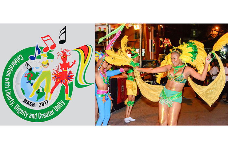 Mash 2017 Logo bearing the theme: “Celebration with dignity, liberty and greater unity” and revellers display costumes created by Guyanese designer Neilson Nurse for next year’s celebrations.