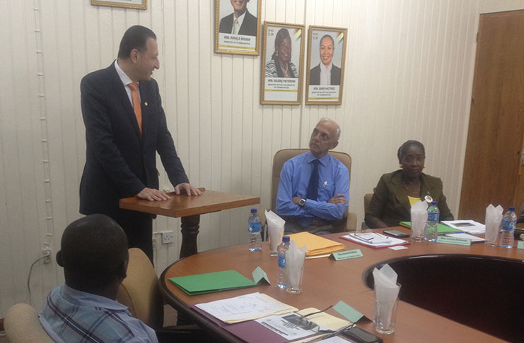 Minister of Communities Ronald Bulkan and Minister responsible for Housing, Valerie Patterson, listen as Director of Country Programmes Department and Special Advisor to the Vice-President, Mohammad Alsaati explains the collaboration between Guyana and the Islamic Development Bank (IsDB)