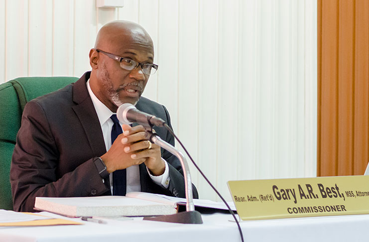 Retired Guyana Defence Force Chief of Staff, Rear Admiral Gary Best, making a point on Friday during the CoI into the death of Keon Wilson