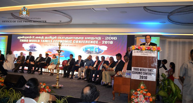 Prime Minister Moses Nagamootoo addressing the 3rd World Tamils Economic Conference in Chennai, Tamil Nadu, India on Sunday (Office of the Prime Minister photo)
