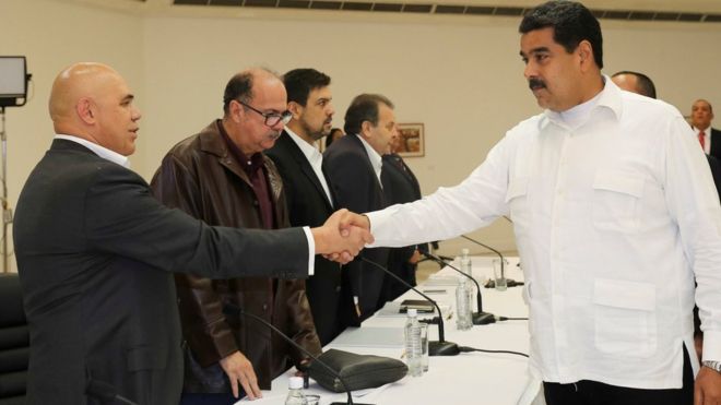 President Maduro shook hands with opposition leaders including Jesus Torrealba
