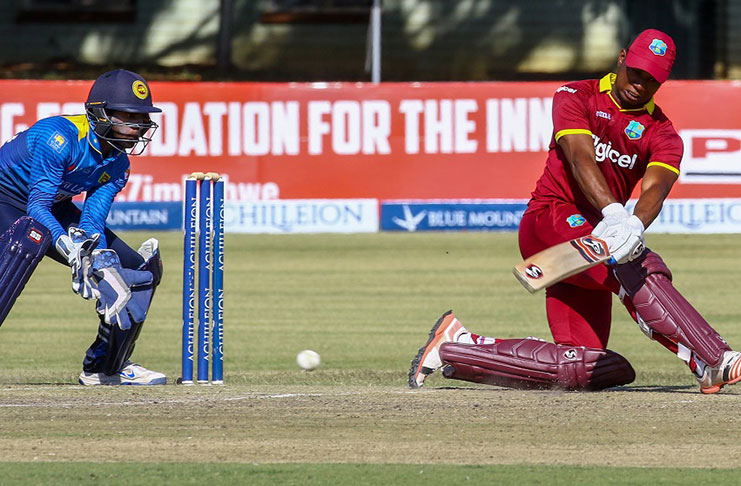 Evin Lewis sweeps during his maiden ODI ton in Bulawayo, yesterday.
