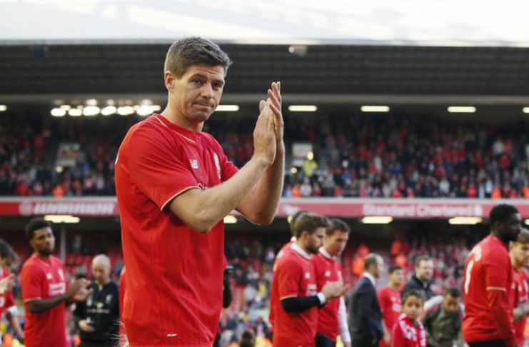 Liverpool's Steven Gerrard applauds fans as he walks on the pitch after his final game at Anfield. (Reuters/Phil Noble Livepic)