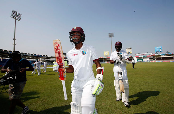 Kraigg Brathwaite walks off after making an unbeaten 142 and in the process becoming only  the fifth West Indies opener  to carry his batt hrough a Test innings.