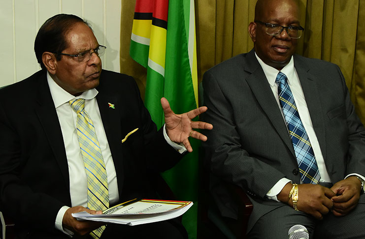 Prime Minister Moses Nagamootoo and Finance Minister Winston Jordan take questions from members of the media following the budget presentation 
(Adrian Narine photo)