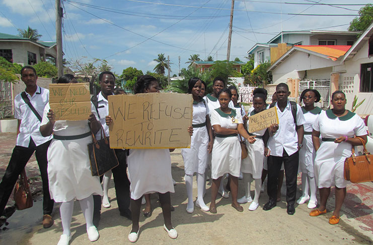Student nurses in Berbice protesting the Nursing Council’s decision for them to re-sit the final exam