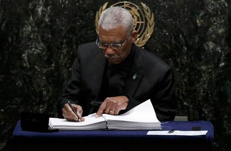 President David Granger signed the Paris Agreement on Climate Change at the United Nations Headquarters in Manhattan, New York, U.S.A on April 22, 2016