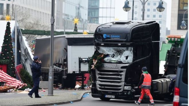 The lorry ploughed through the market, destroying Christmas trees and stalls