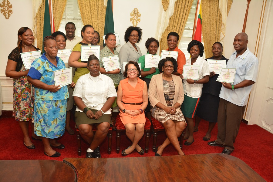 Left to right: Course facilitator Warrant Officer Weslyn Boodie, First Lady, Mrs. Sandra Granger and Lt. Col. (ret’d) Ms. Yvonne Smith.