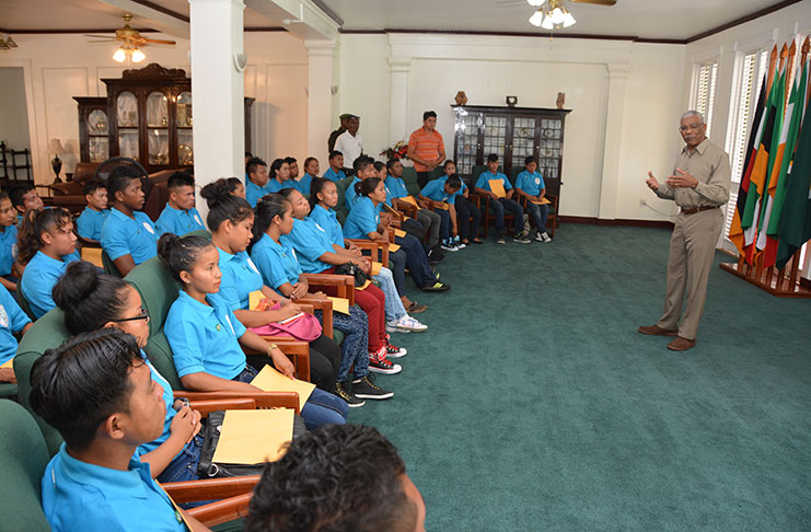 President David Granger speaking to the students of the Bina Hill Institute at State House