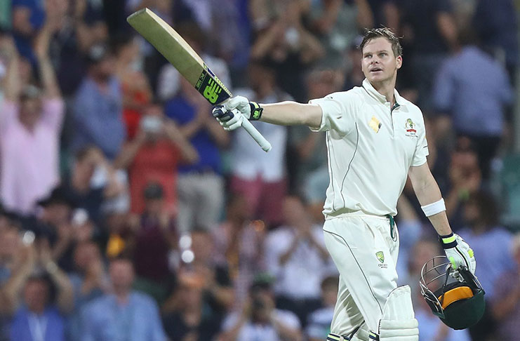 Steven Smith scores his first Test century against Pakistan in  Brisbane,  yesterday.