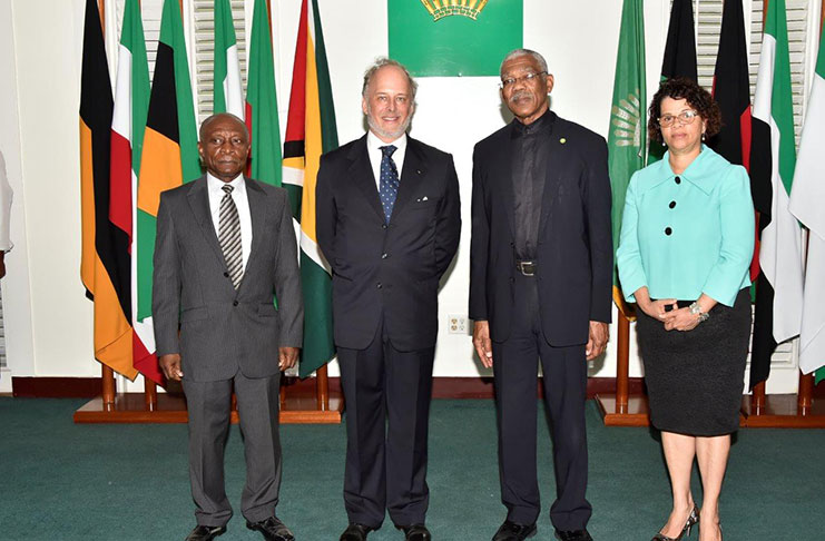 From left: Minister of Foreign Affairs, Mr. Carl Greenidge; Ambassador Roland de Rosière; President David Granger; and Director General in the Ministry of Foreign Affairs, Ambassador Audrey Waddell