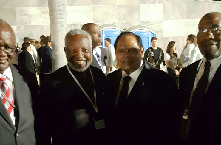 At the million-person Commemorative Rally in tribute to Fidel Castro, PM Nagamootoo met with the former President of Namibia, the great Freedom Fighter Dr. Sam Nujomo (centre). At left is Dr. Pohamba, also a former President, and Dr. Hage Geingob, the current Namibian President. Heads of 90 countries attended the November 29th event in the Square of the Revolution. The Prime Minister and Parliamentarian Gail Teixeira represented Guyana
