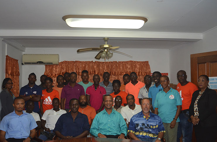 Some of the graduates with (front row) AAG president Aubrey Hutson (second from right), IAAF lecturer Oscar Gadea (right) and IAAF instructor Raymond Gilson (second from left). (Tamica Garnett photo)