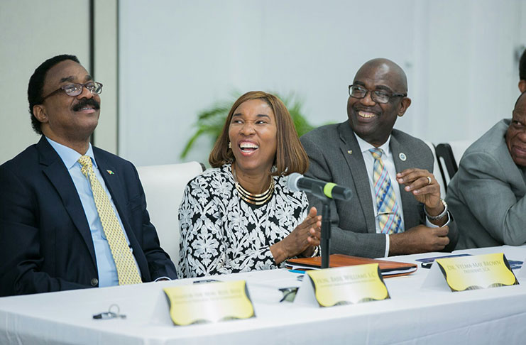 Attorney General and Legal Affairs Minister, Basil Williams, having a light moment with President of the Law School of the Americas, Dr. Velma Brown-Hamilton and President and Executive Chairman of UCC, Winston Adams