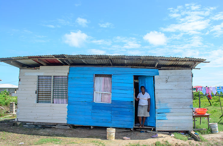Amanda stands at the door of her nicely painted shack built on the Government's reserve in Dazzell Housing Scheme, East Coast Demerara.
