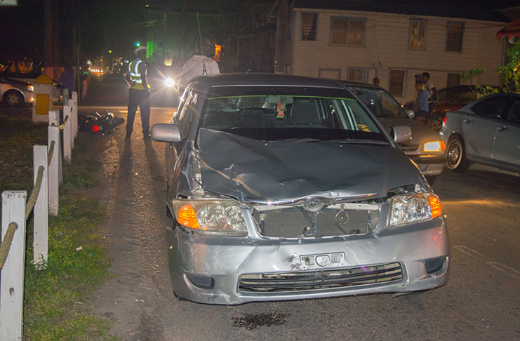 The damaged motor car parked on North Road following the accident [Delano Williams photos]