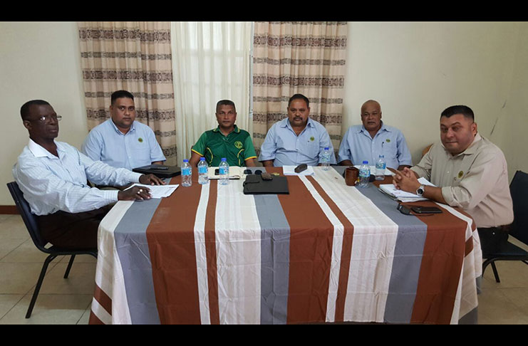 GCB officials from left: Colin Europe, Anand Kalladeen, Anand Sanasie, Drubahadur, Fizul Bacchus and Raj Singh at yesterday’s press conference.