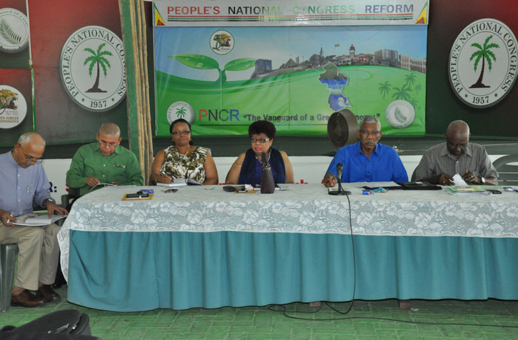 Members of the head table (L-R): Ronald Bulkan, Treasurer; Dr George Norton and Volda Lawrence, Vice-Chairpersons; Amna Ally, Executive Member; David Granger, Party Leader; and Oscar Clarke, General-Secretary
Party leader: PNCR Leader, David Granger , addressing the General Council at its maiden meeting for 2017