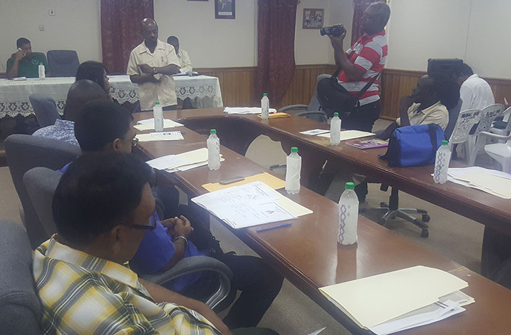 Region 5’s Regional Executive Officer, Ovid Morrison, makes a point during a meeting on Friday with contractors.
