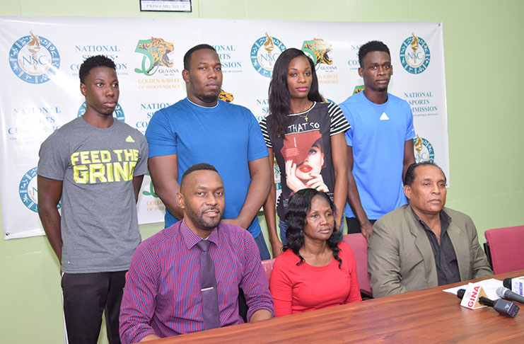 (Standing from left): Emanuel Archibald, Alque Stanley, Owen Adonis, and Natrena Hooper. Seated are: Director of Sport Christopher Jones, UG Sports Administrator, Lavern Fraser-Thomas and Chairman of the NSC Ivan Persaud. (Photo by Cullen Bess-Nelson)