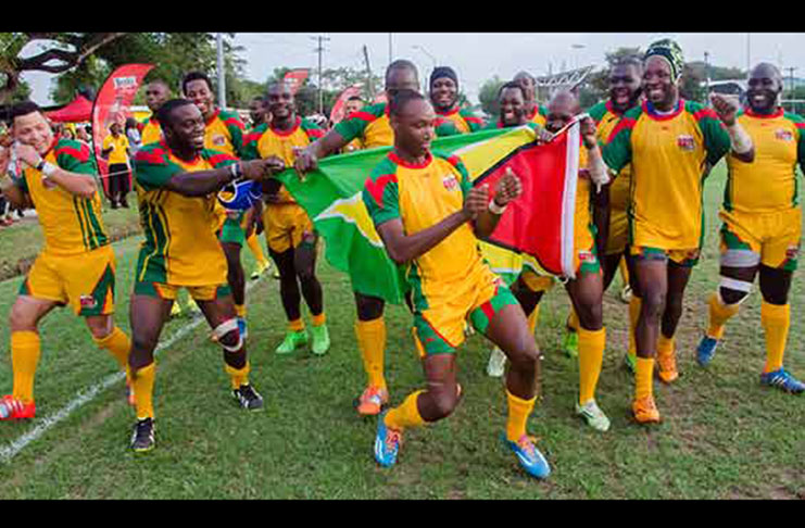 FLASHBACK! The victorious Guyana team celebrate after ‘frying’ Barbados 48-17 at the National Park