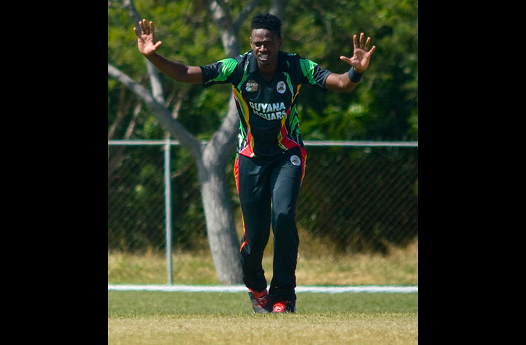 Fast bowler Ronsford Beaton appeals during his four-wicket haul against ICC Americas on Monday. (Photo courtesy WICB Media)
