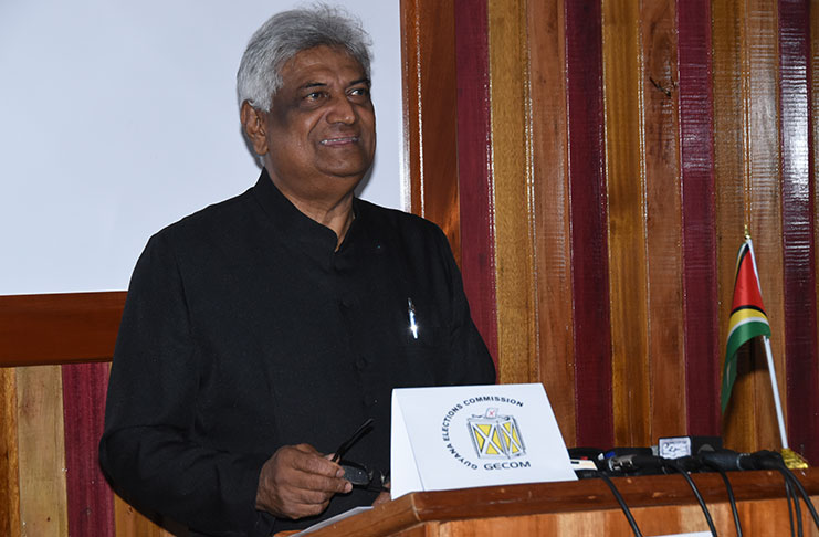 Outgoing Chairman of the Guyana Elections Commission (GECOM) Dr Steve Surujbally smiles during his last press briefing at the electoral body’s headquarters on High Street, Kingston on Monday.