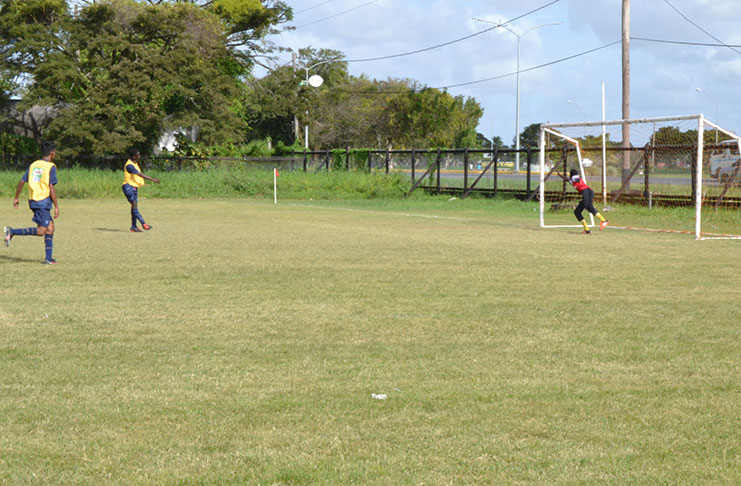 One of the five goals scored during the 3-2 game between eventual winners St George’s and Mae’s. (Stephan Sookram photo)