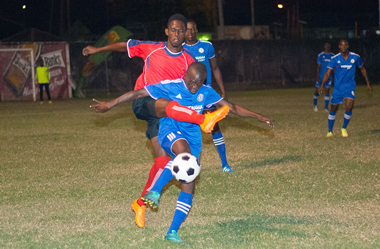 Part of the action on Friday evening at the GFC ground Bourda when Police took on Riddim Squad. Police won 2-1. (Delano Williams Photo)