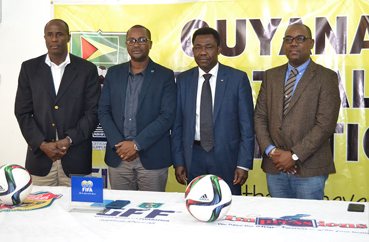 (From left): GFF vice-president retired Col. Bruce Lovell, president Wayne Forde, FIFA’s Director of Africa and the Caribbean Véron Mosengo-Omba, and vice-president Rawlston Adams following yesterday’s press briefing. (Adrian Narine photo)