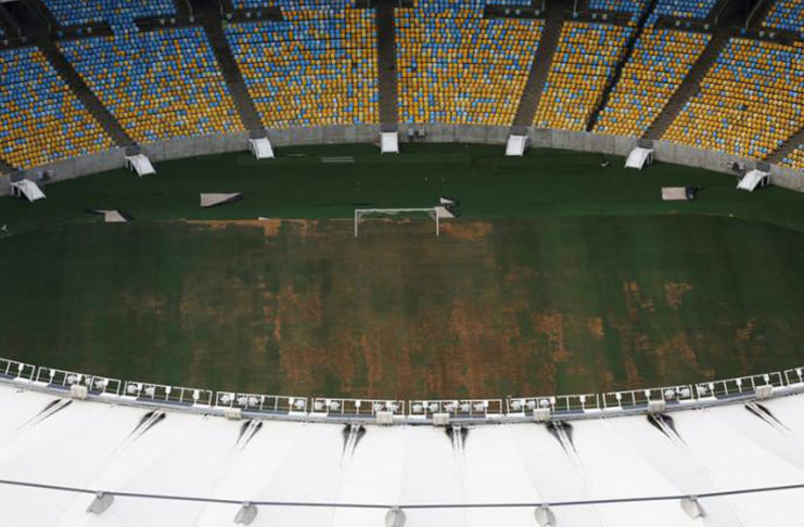 An aerial view of Maracana Stadium, which was used for the opening and closing ceremonies of the Rio 2016 Olympic Games, shows the turf being dry, worn and filled with ruts and holes, in Rio de Janeiro, Brazil January 12, 2017. Picture taken on January 12, 2017. REUTERS/Nacho Doce