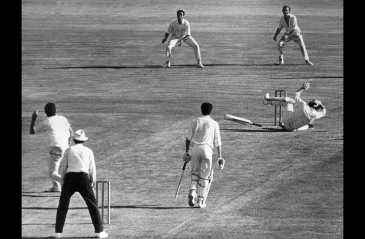 Australian cricketer Terry Jenner is struck on the head by a ball from John Snow during the controversial Sydney Ashes Test of February 1971. Photograph: Hulton Archive/Getty Images