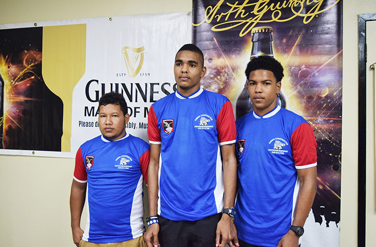 Police Falcons will come hard in today’s GRFU Guinness VIIs having imported two overseas-based players in Trinidadian brothers Jeron and Leon Pantor. They stand with captain Daniel De Abreu. (Cullen Bess-Nelson photo)