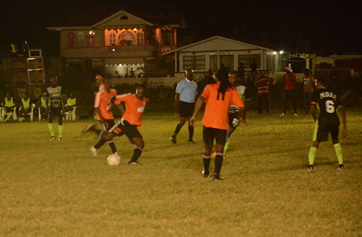 part of the action between Mahaica Determinators and Camptown on Saturday evening at the Victoria ground. Mahaica eventually won 1-0