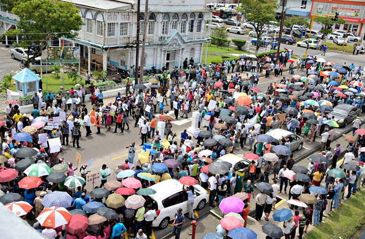 An overhead shot of protestors who are calling for the scrapping of the parking meters contract between the M&CC and SCS (Amanda Richards photo)