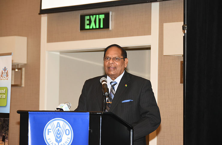 Prime Minister,Moses Nagamootoo,addressing the Sensitization and Validation Workshop of Sustainable Land Management and Development Project Concept,at The Marriott Hotel, Kingston, Georgetown,yesterday (Photo by Adrian Narine)