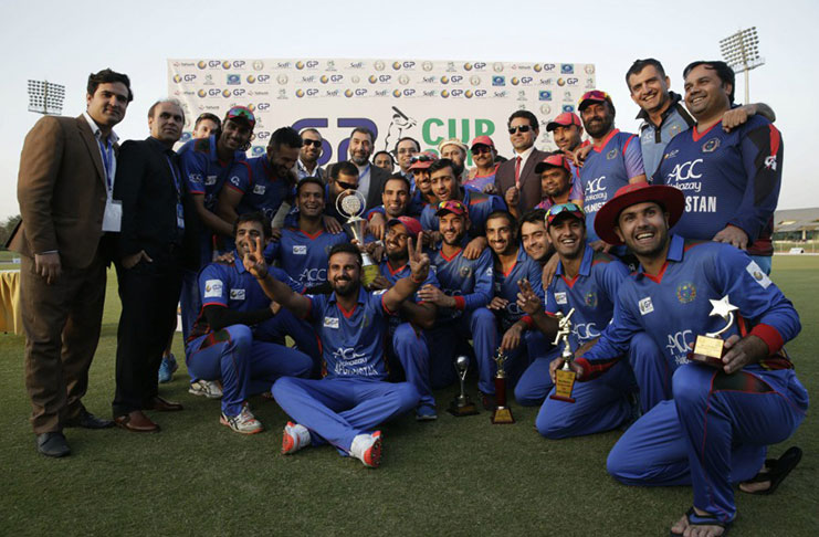 The Afghanistan players celebrate their T20 series whitewash over Ireland in the 3rd T20I, Greater Noida, India.