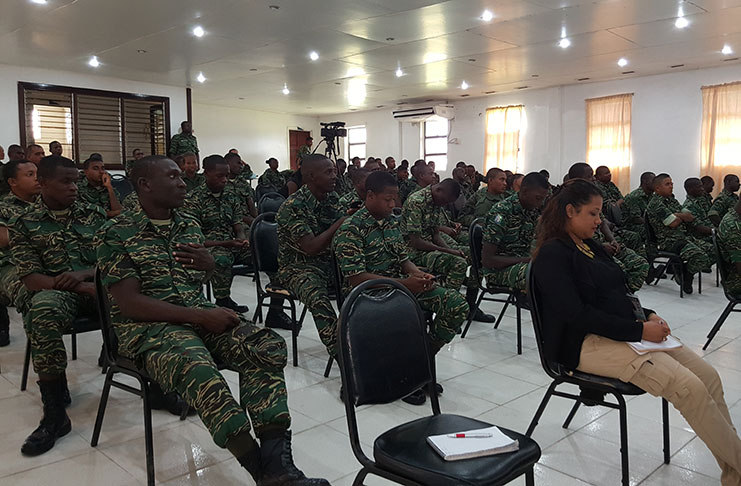 Soldiers at the meeting with Minister within the Ministry of Communities, Valarie Adams-Patterson, at Base Camp Stephenson on Wednesday