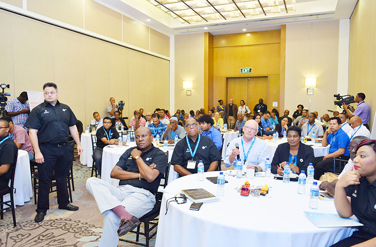 Seated at front is General Manager of SOL Guyana Inc., Mr. Orlando Boxill and fourth from left is Permanent Secretary, Ministry of Business, Ms. Rajdai Jagarnauth