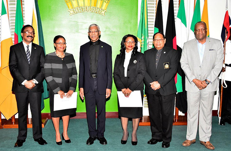 From left: Attorney General and Minister of Legal Affairs, Mr. Basil Williams, S.C.; Acting Chief Justice, Ms. Roxanne George-Wiltshire; President David Granger; Acting Chancellor, Ms. Yonette Cummings-Edwards; Prime Minister, Moses Nagamootoo and Minister of State,  Mr. Joseph Harmon, following swearing-in ceremony
