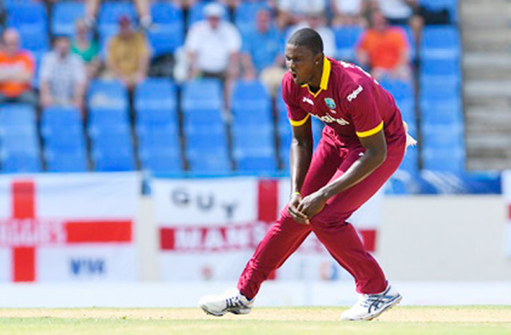 West Indies captain Jason Holder puts down a sharp chance of Jason Roy during the England innings of the first ODI on Friday. (Photo courtesy WICB Media)