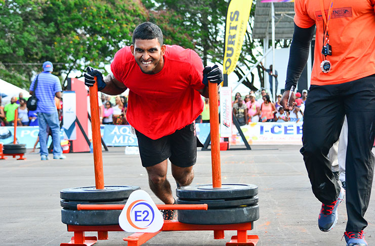 Flashback! A determined Dillon Mahadeo pushes his way to the finish line in the final round of the 2016 E-Networks sponsored Fitness Challenge.
