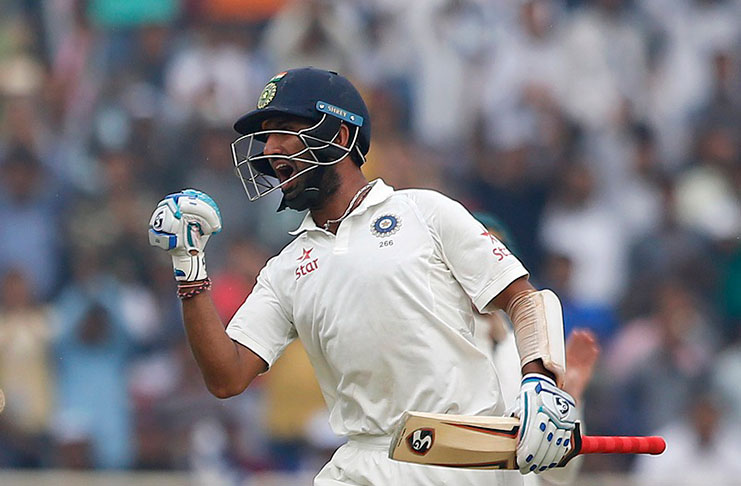 Cheteshwar Pujara is pumped after reaching his double hundred in Ranchi on thr 4th day.