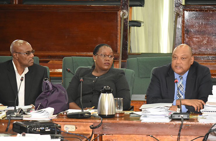 Minister of Natural Resources , Raphael Trotman (right),addresses the Economic Services Committee as Junior Minister of Natural Resources, Simona Broomes (center) and another official of the ministry look on.